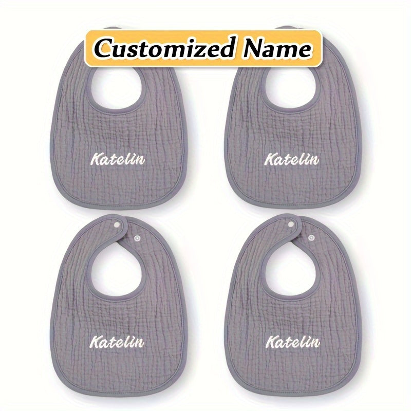 Set of Four Personalized Baby Bibs Soft Breathable Absorbent Adjustable Snap