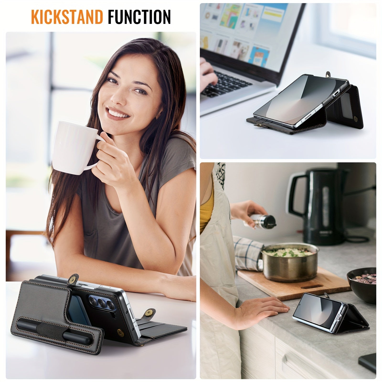 Galaxy Z Fold 6 Faux Leather Wallet Case with RFID Blocking Holder Pen Slot Wrist Strap