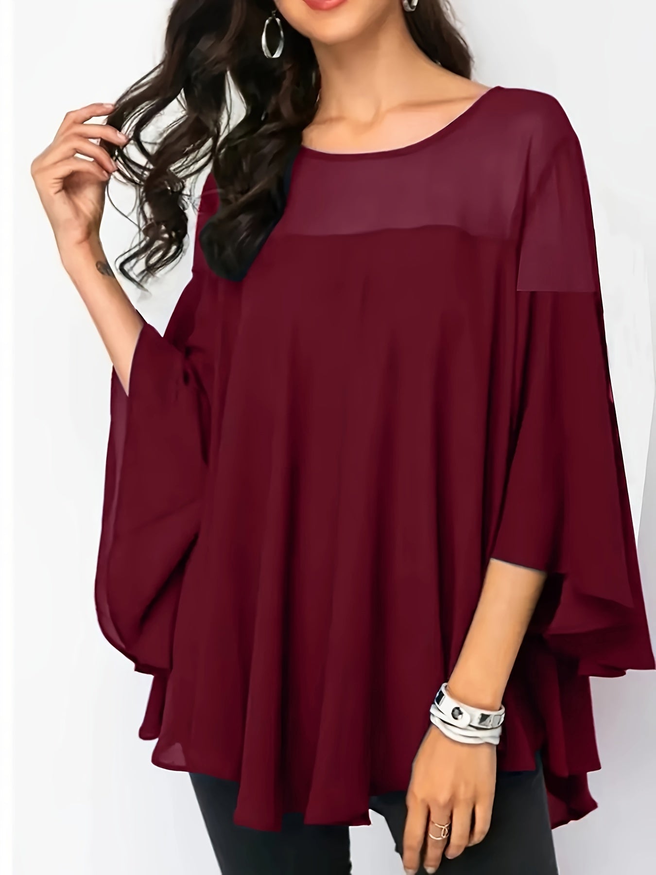 Blusa de chiffon para mujer con dobladillo asimétrico, color sólido, top casual