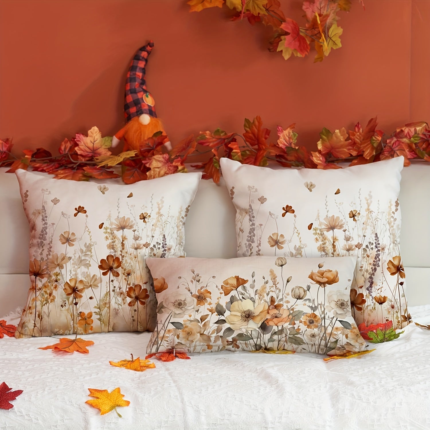 Fall Thanksgiving Pillow Cover Orange White Floral Linen Blend 12x20 Inches