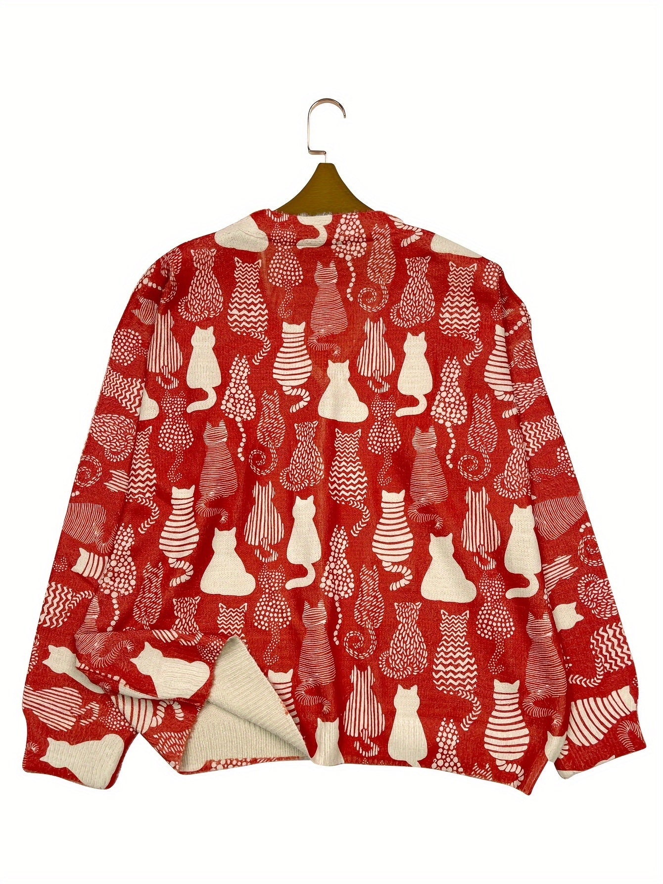 Plus Size Women's Cozy V-Neck Cardigan with Cat Print Long Sleeve Sweater