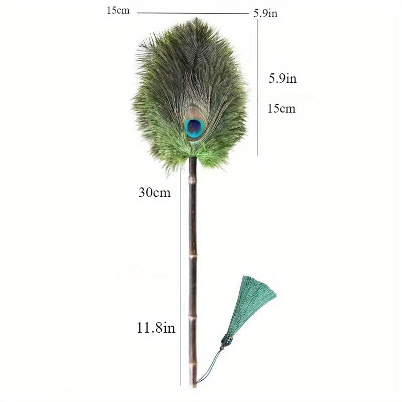 Vintage Feather Duster with Ostrich and Peacock Feathers Anti-Static Cleaning Tool