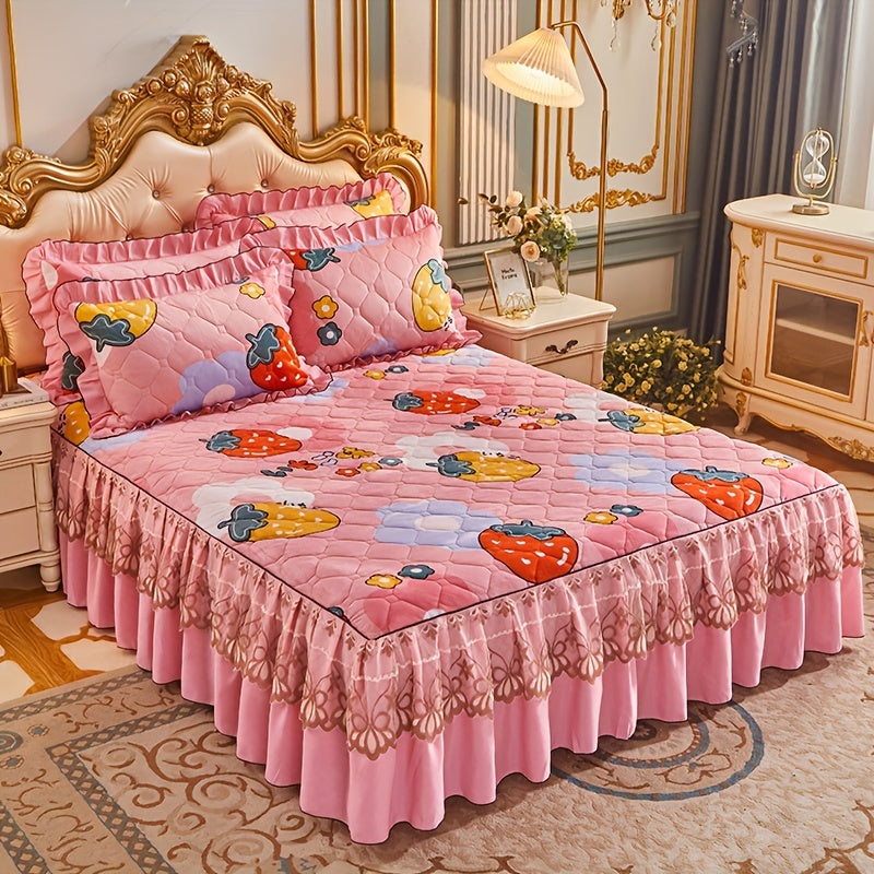 Luxurious Crystal Velvet Bed Skirt Set with Floral Pillowcases Non-Slip Full Coverage