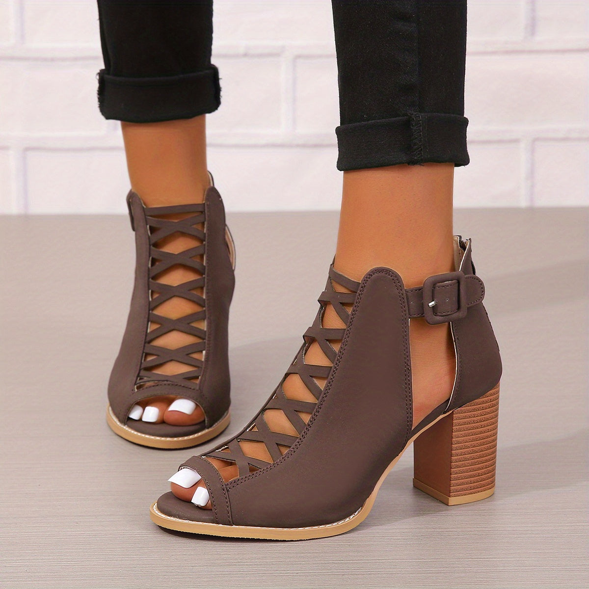Women's Brown Faux Leather Ankle Boots Peep Toe Chunky Heel Crisscross Straps Buckle Closure Summer Rubber Sole