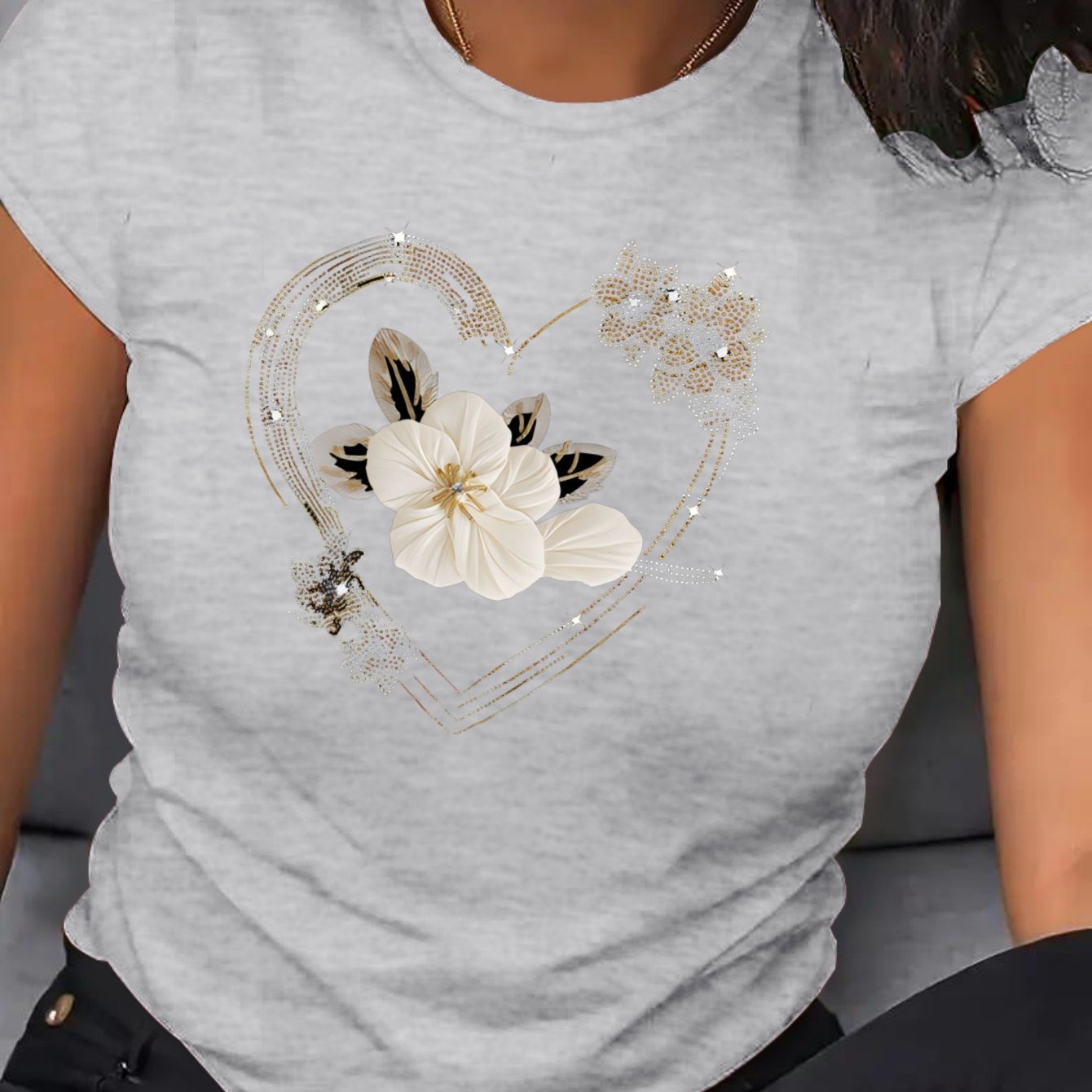 Plus Size Women's Floral Heart T-Shirt Breathable Polyester Short Sleeve