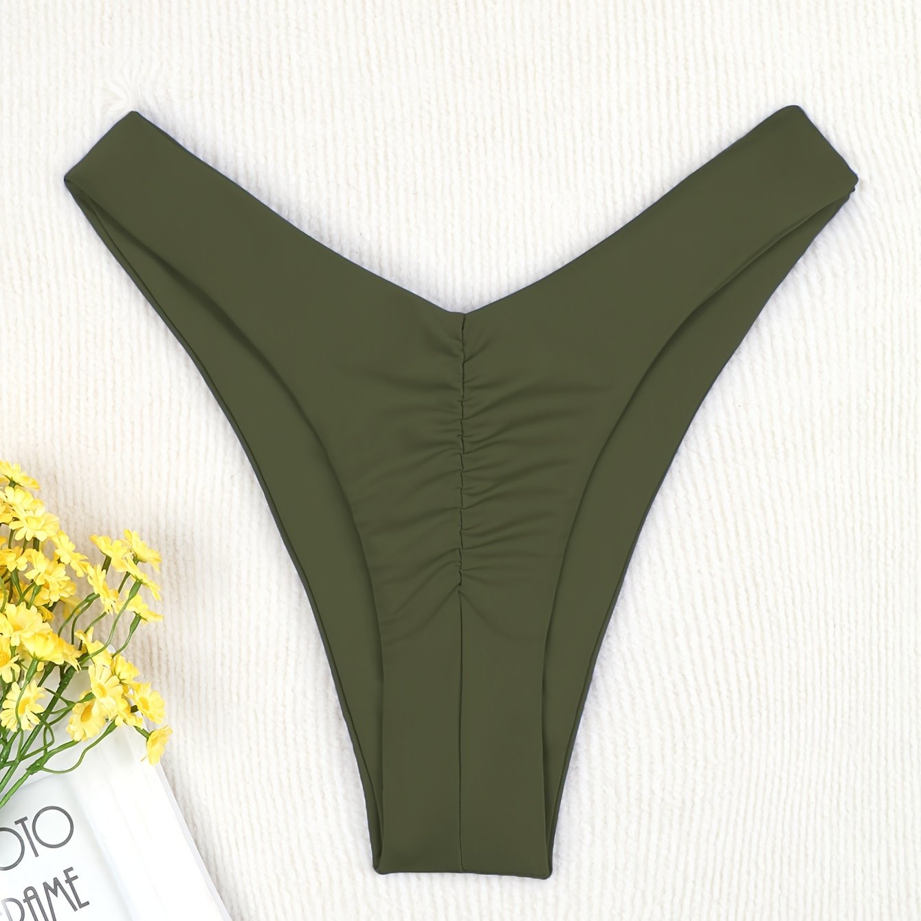 Women's Solid Color High Stretch Nylon Pleated Thong Bikini for Beach Vacation