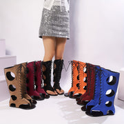 Women's Knee-High Lace-Up Roman Boots Open-Toe Colorful Stitching Shoes