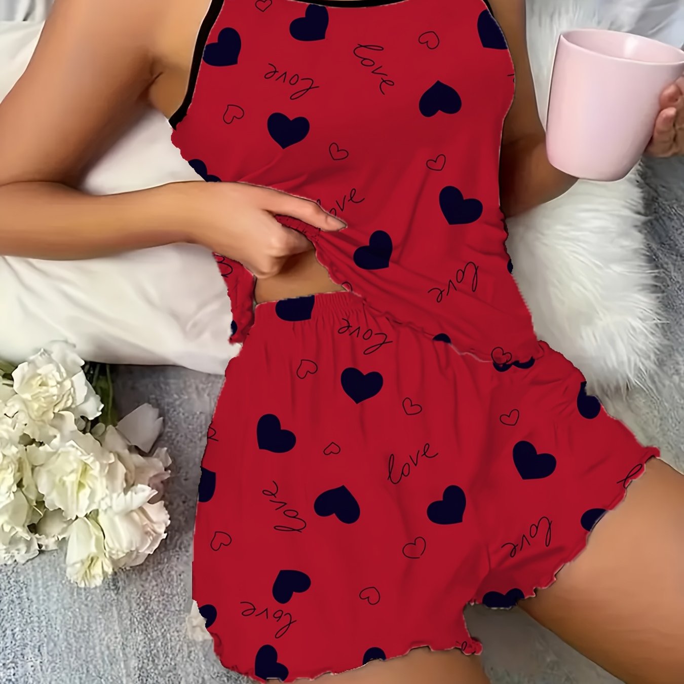 Women's Burgundy Heart Print Pajama Set with Spaghetti Strap Top and Shorts