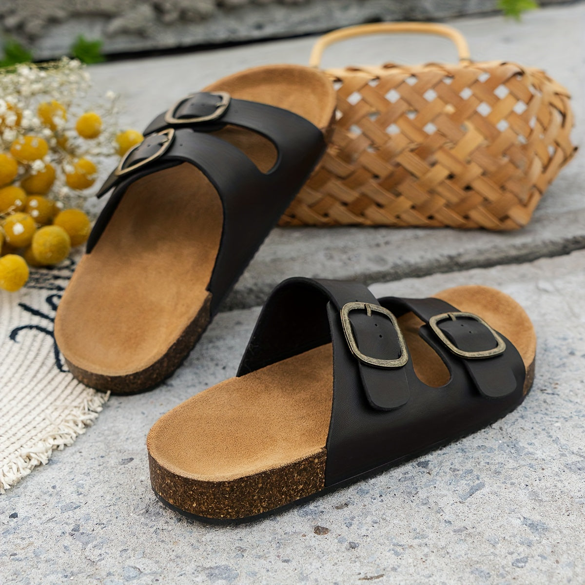 Женские летние слэп-он сандалии дышащие из PU с квадратным носком плоская обувь