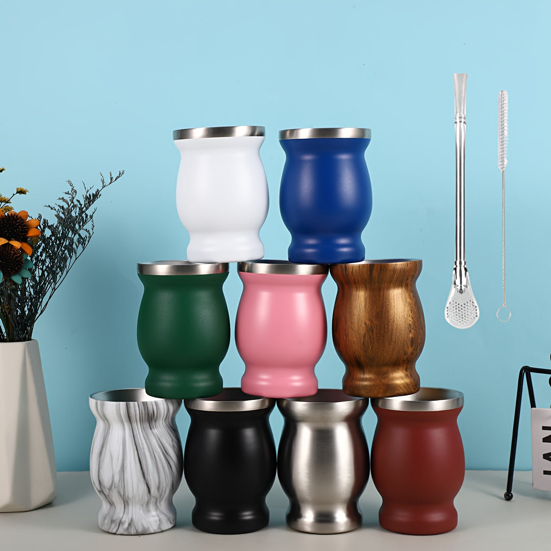 8oz Stainless Steel Yerba Mate Cup Set with Wooden Handle Double Walled Insulation