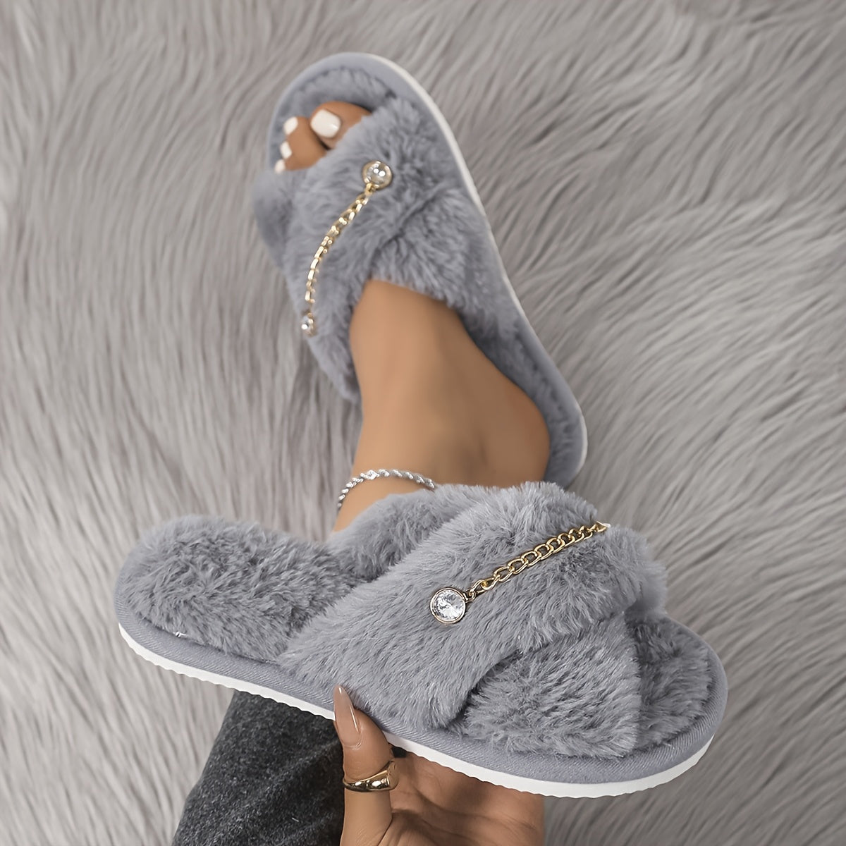 Women's Rhinestone Plush Slippers, Velvet Slip-Ons with Cross Toe, Indoor Non-Slip