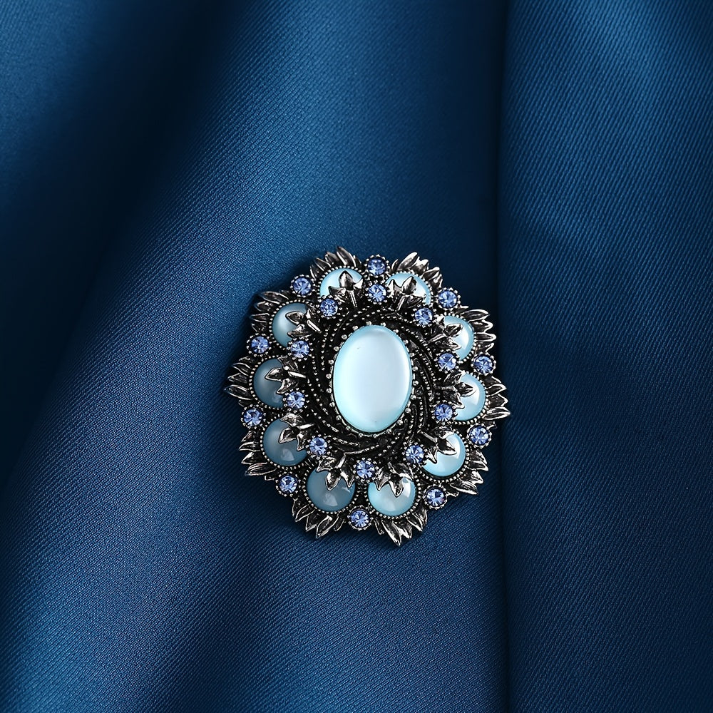 Vintage Flower-Shaped Brooch with Blue Cat Eye Pearls and Rhinestones for Women and Men
