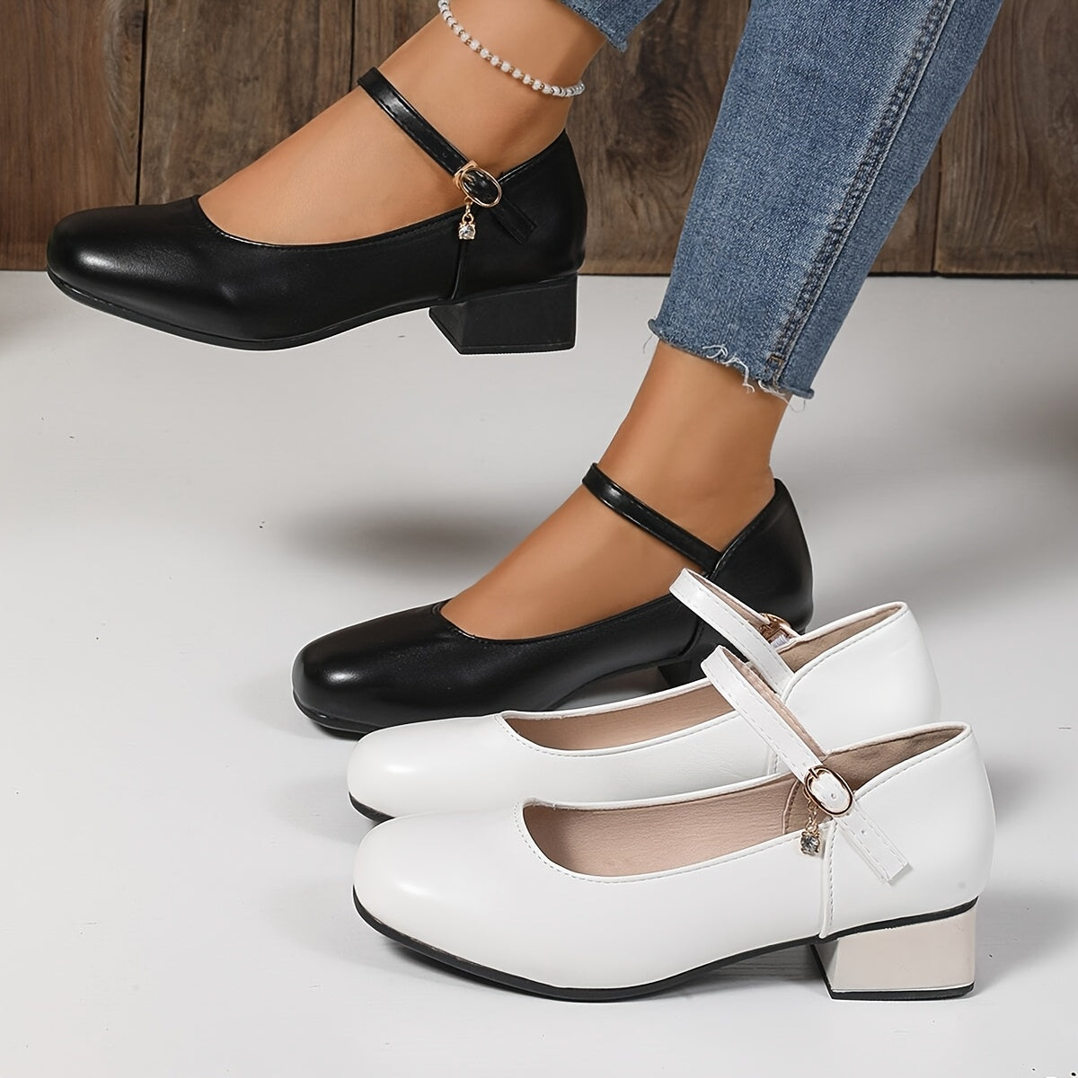 Women’s Black Mid-Heel Pumps with Ankle Strap and Rubber Sole