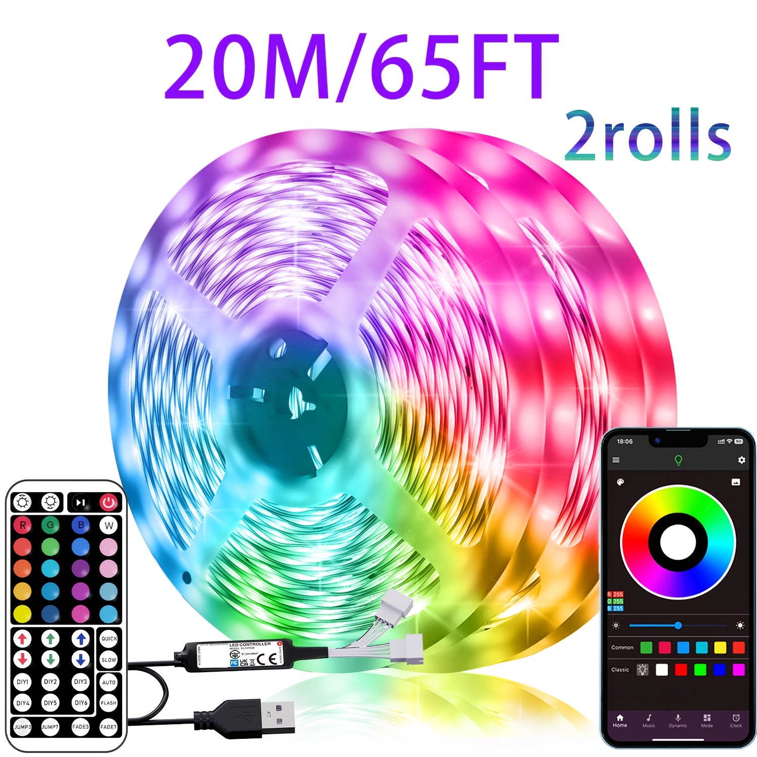 Tira de luces LED RGB de 5V alimentada por USB de 91,44cm a 30,48m con control remoto, aplicación, regulable, cambio de color para dormitorio, sala de estar, fiesta