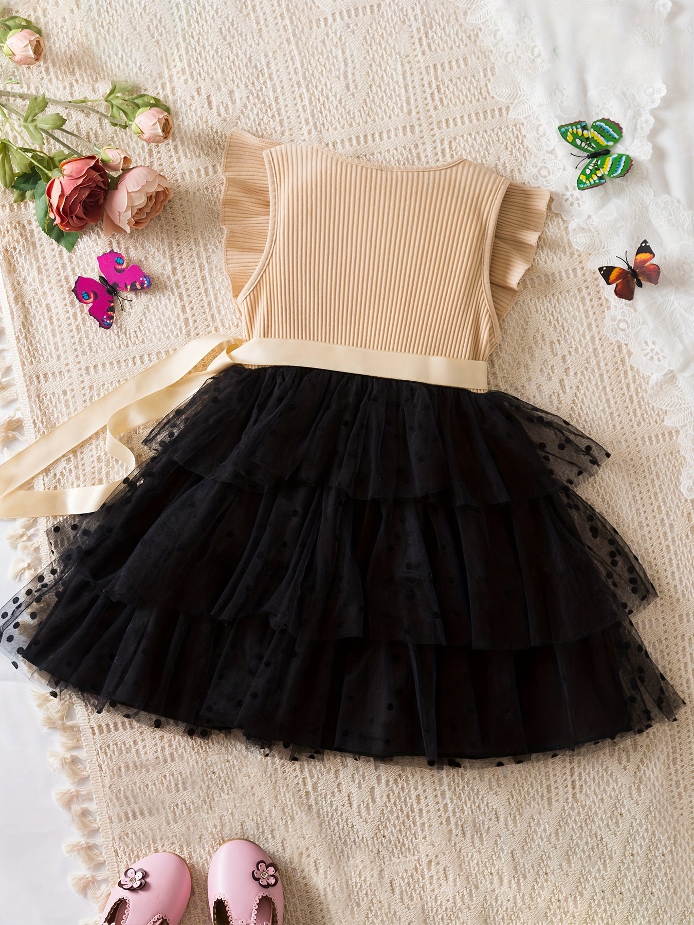 Girls Tutu Dress Summer Polka Dot Fitted Mesh Button Design Casual Age 12 and Under