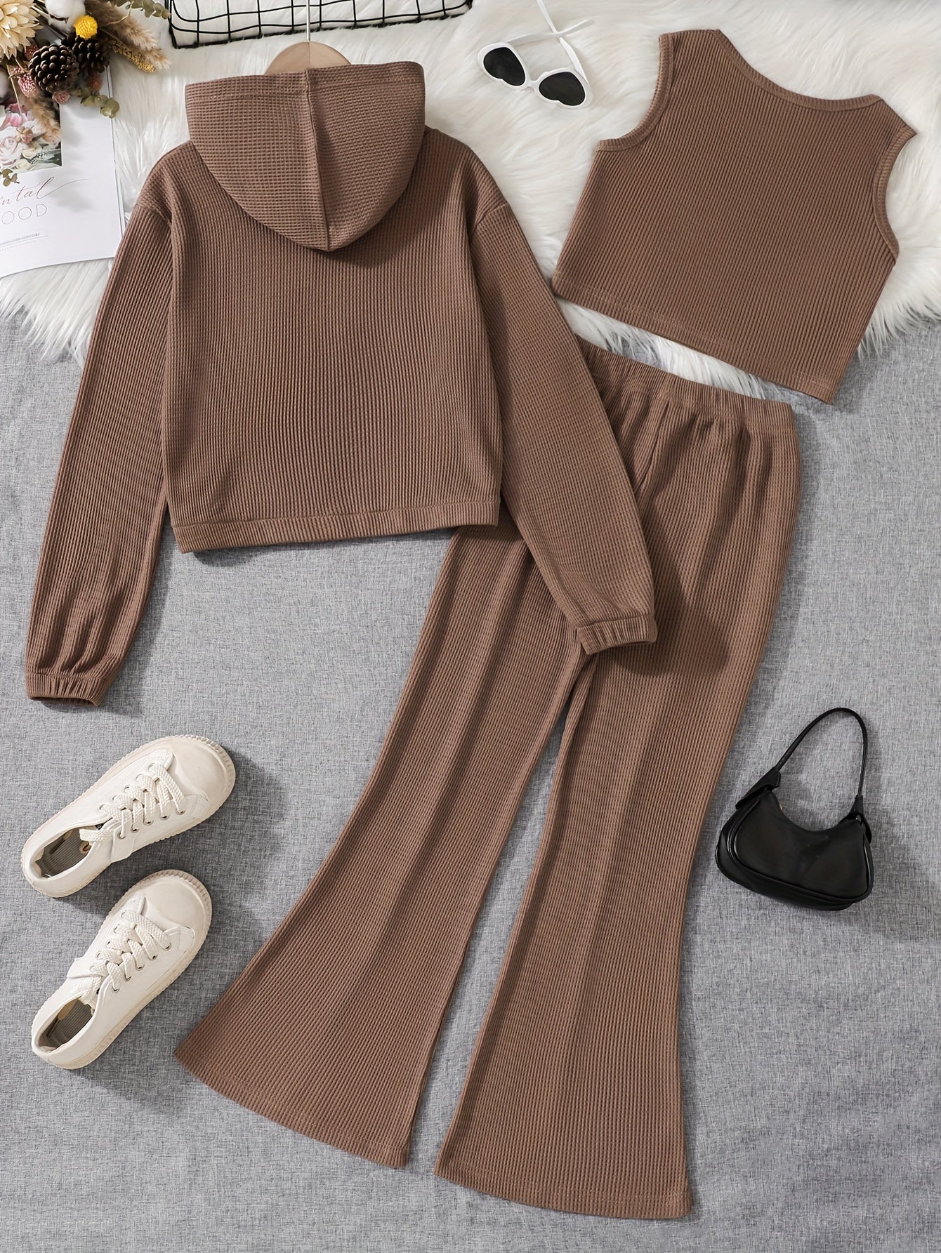 Girls' Casual Solid Color Hooded Cardigan Set for Outdoor Wear Spring Fall