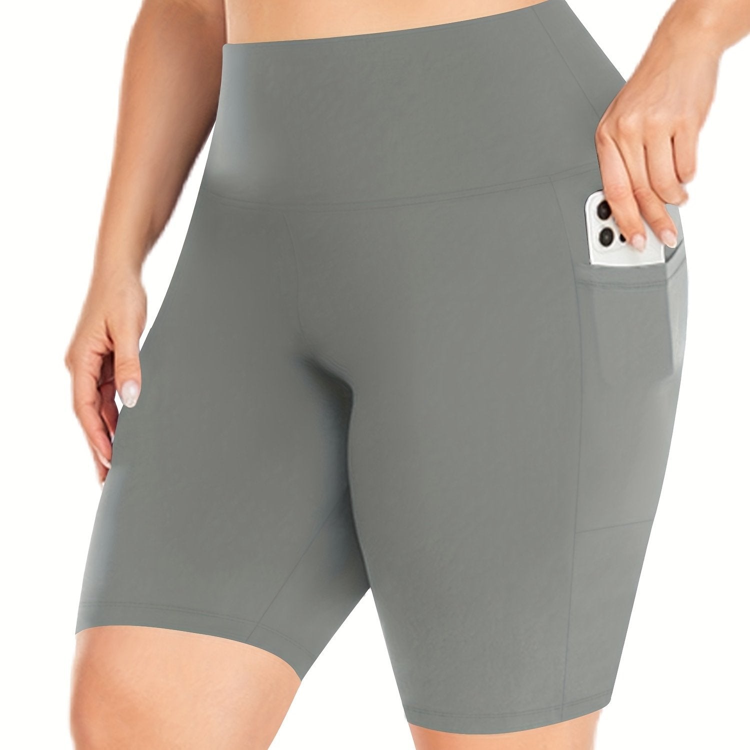 Plus Size High-Waisted Yoga Shorts Olive Green Stretchy Nylon Pockets
