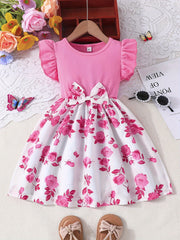 Girls Rose Print Dress with Ruffle Sleeves and Bow Waist for Casual and Outdoor Wear