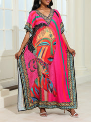 Plus Size Boho Cover Up Dress with V-Neck Short Sleeve Patterned Woven Polyester