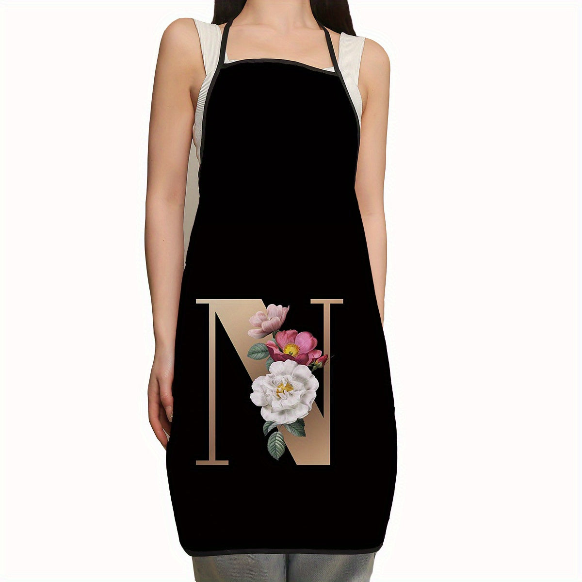 Polyester Apron with Adjustable Suspenders and Letter Flower Pattern for Restaurant Waiters and Chefs