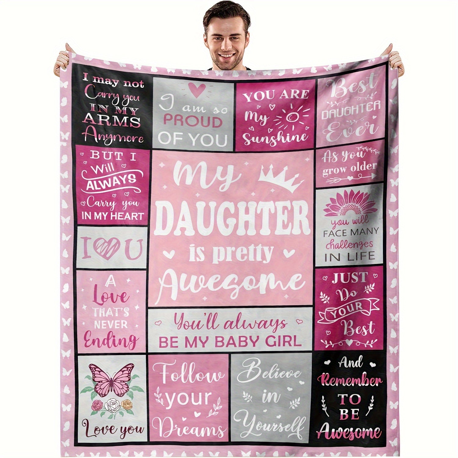 Pink Flannel Throw Blanket with Patchwork Pattern and Inspirational Quotes for Girls