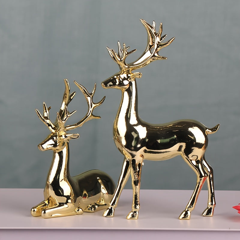 Gold-Plated Christmas Reindeer Statues for Home Decor and Holiday Tabletop Displays