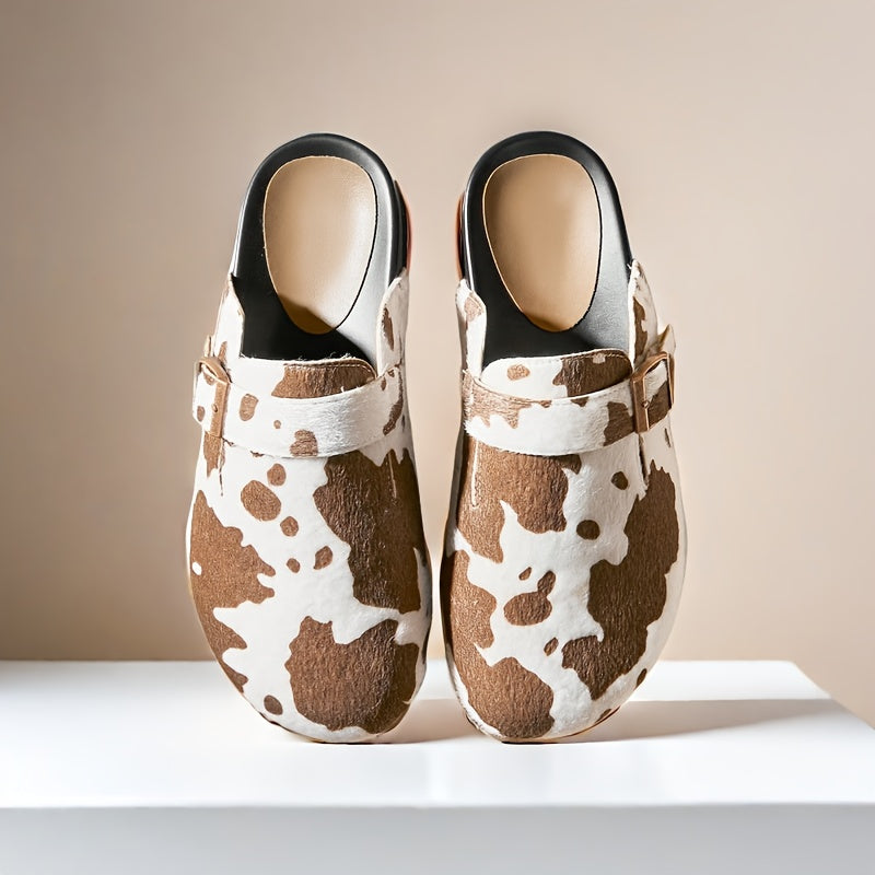 Women’s Faux Leather Slip-On Mules | Casual Closed Toe Shoes in Brown and White Cow Pattern