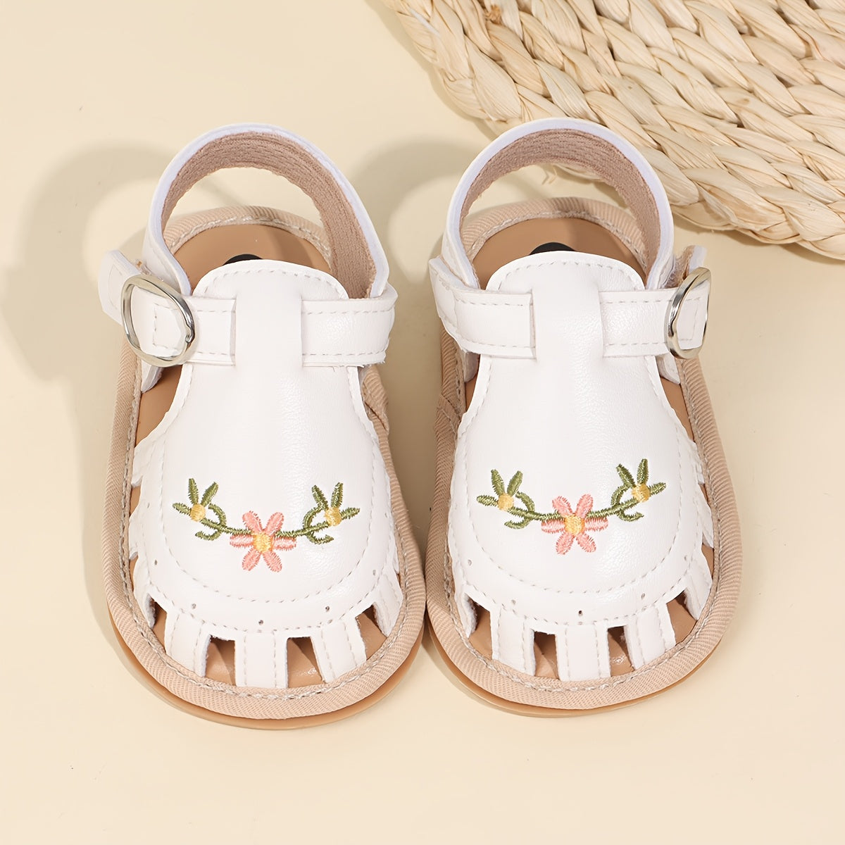 Kichkina qizlar uchun sandal open toe, gul naqshli tikilgan, yumshoq taglik, vint va halqali, kundalik yozgi kiyim uchun