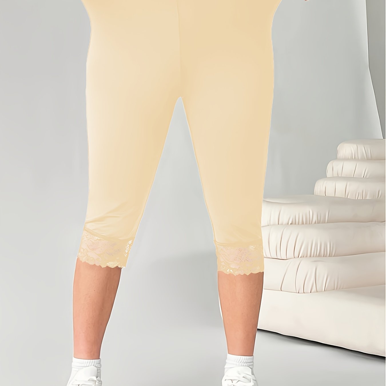 Women's Plus Size Black Capri Leggings with Lace Trim High Waist Stretchy