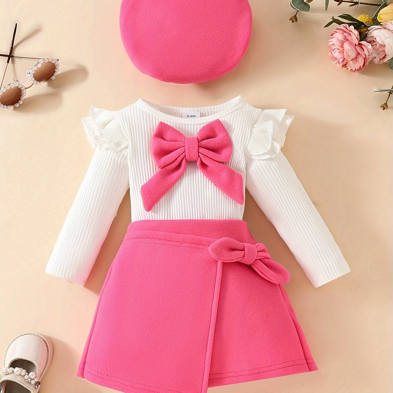 Girls Knit T-Shirt Set with Flared Skirt and Beret for Fall Winter