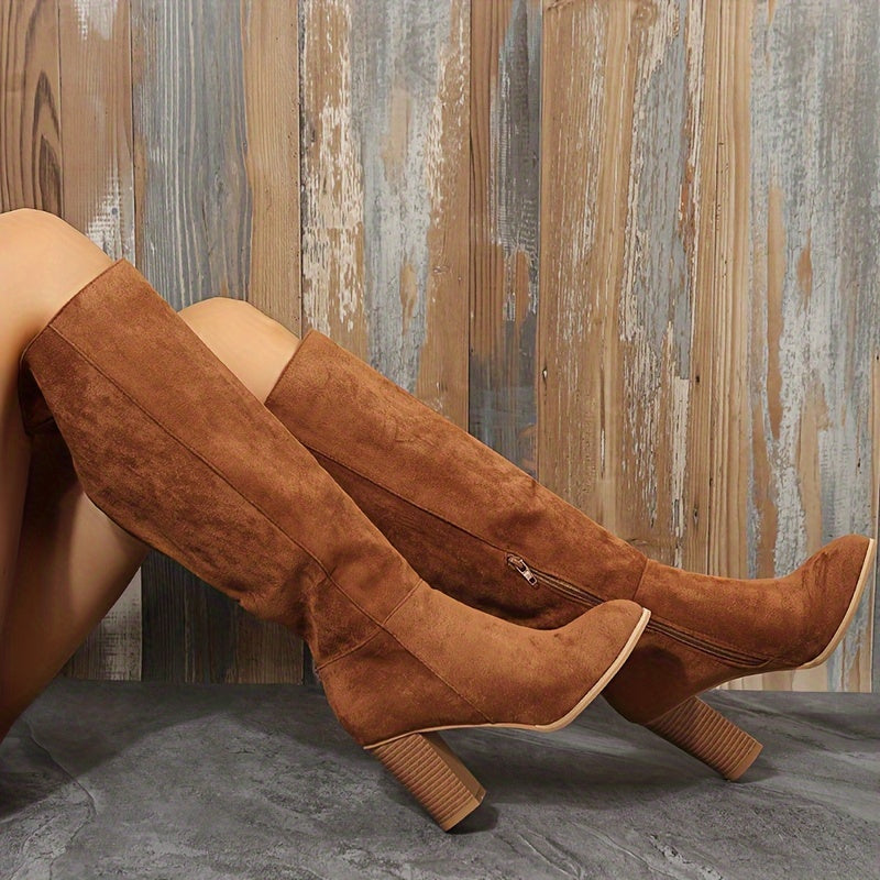 Women's Leather Knee-High Boots with Chunky Heel Zipper for Fall and Winter