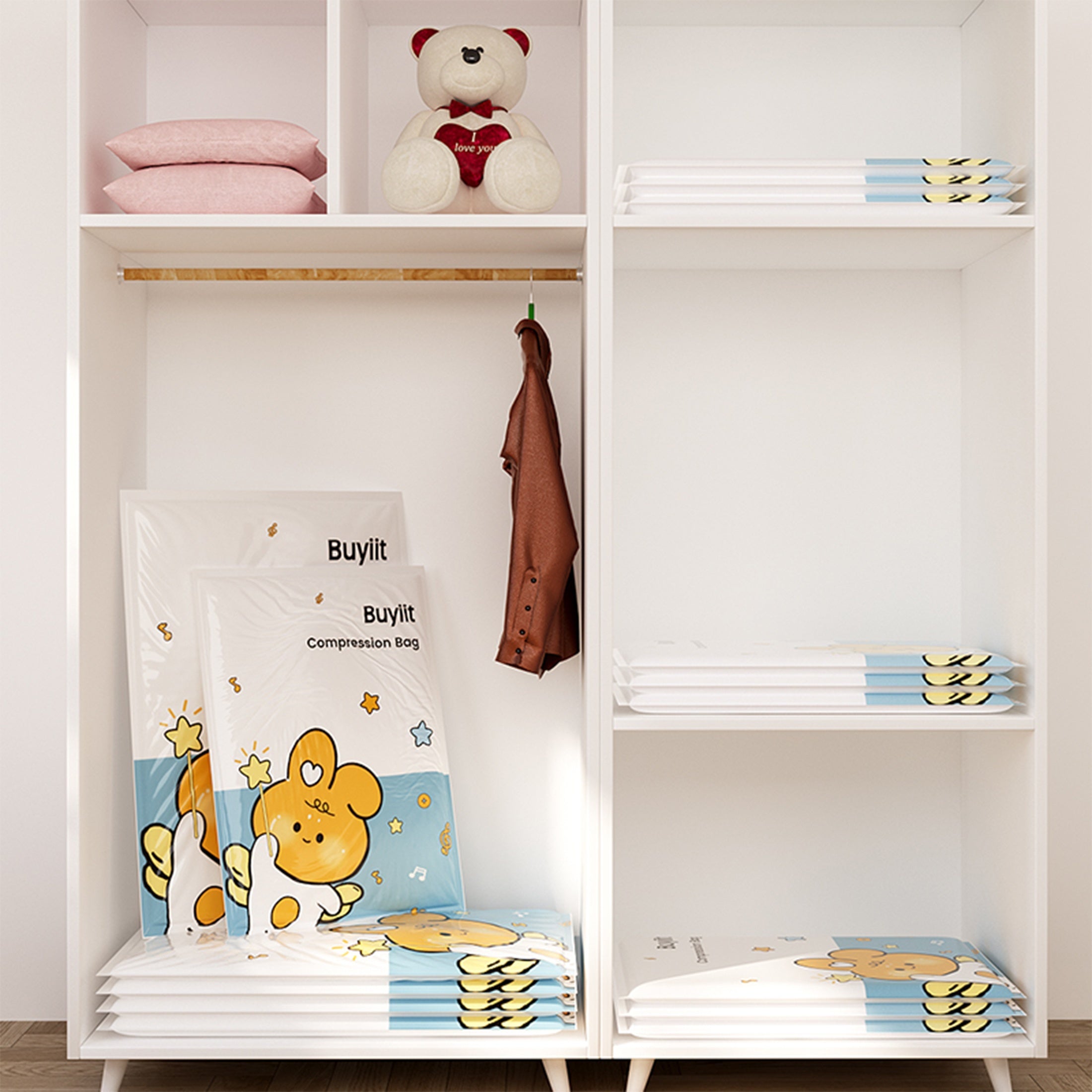 3 ta yurak bargi quyonli vakuum saqlash sumkallari to'plami, yostiq, kiyim, to'shaklar uchun, joyni tejash