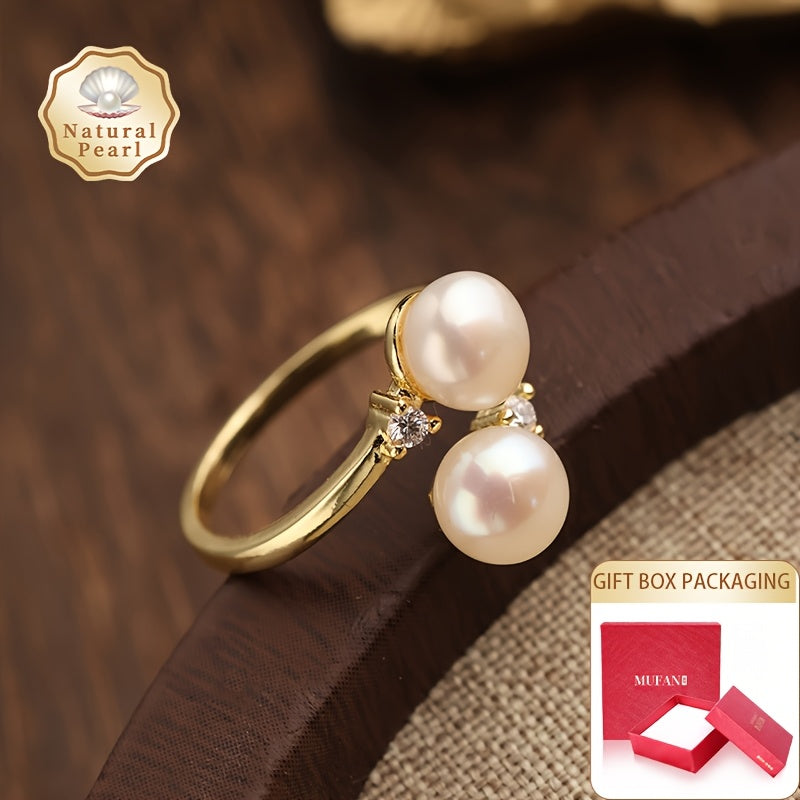 Women's Pearl Ring with Two 6-7mm Freshwater Pearls Open Design Jewelry