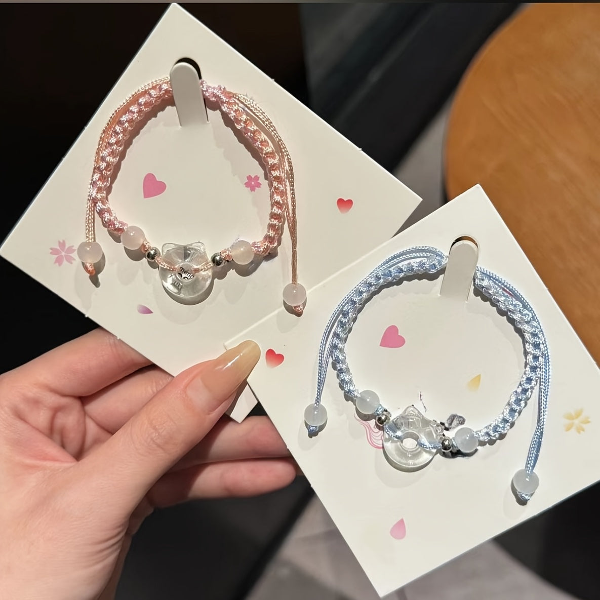 Set of 2 Handwoven Cat and Star Couple Bracelets Resin Charms Minimalist Valentine's Day Anniversary Gift