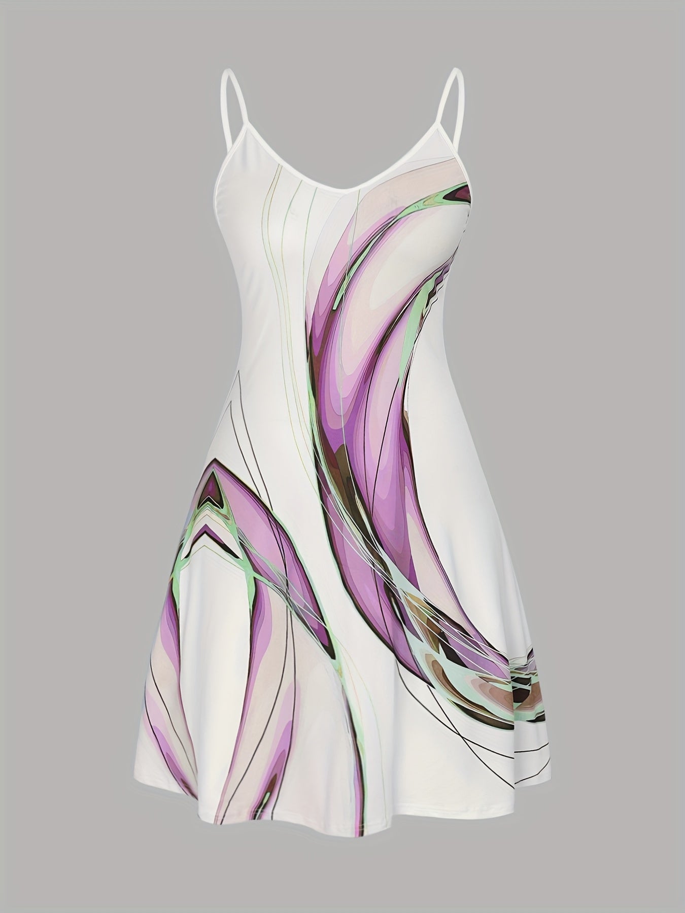 Women Plus Size V-Neck Spaghetti Strap Nightgowns White Purple Abstract Print Slip Dresses