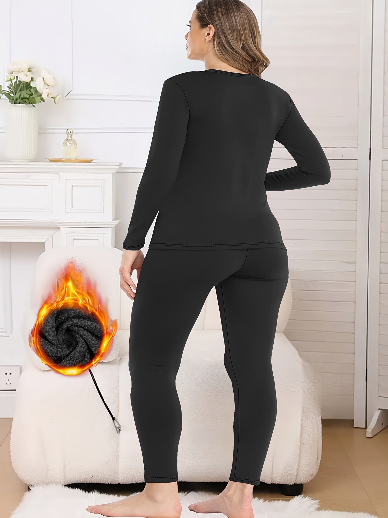 Women's Plus Size Thermal Lined Long Sleeve Base Layer Set Solid Color