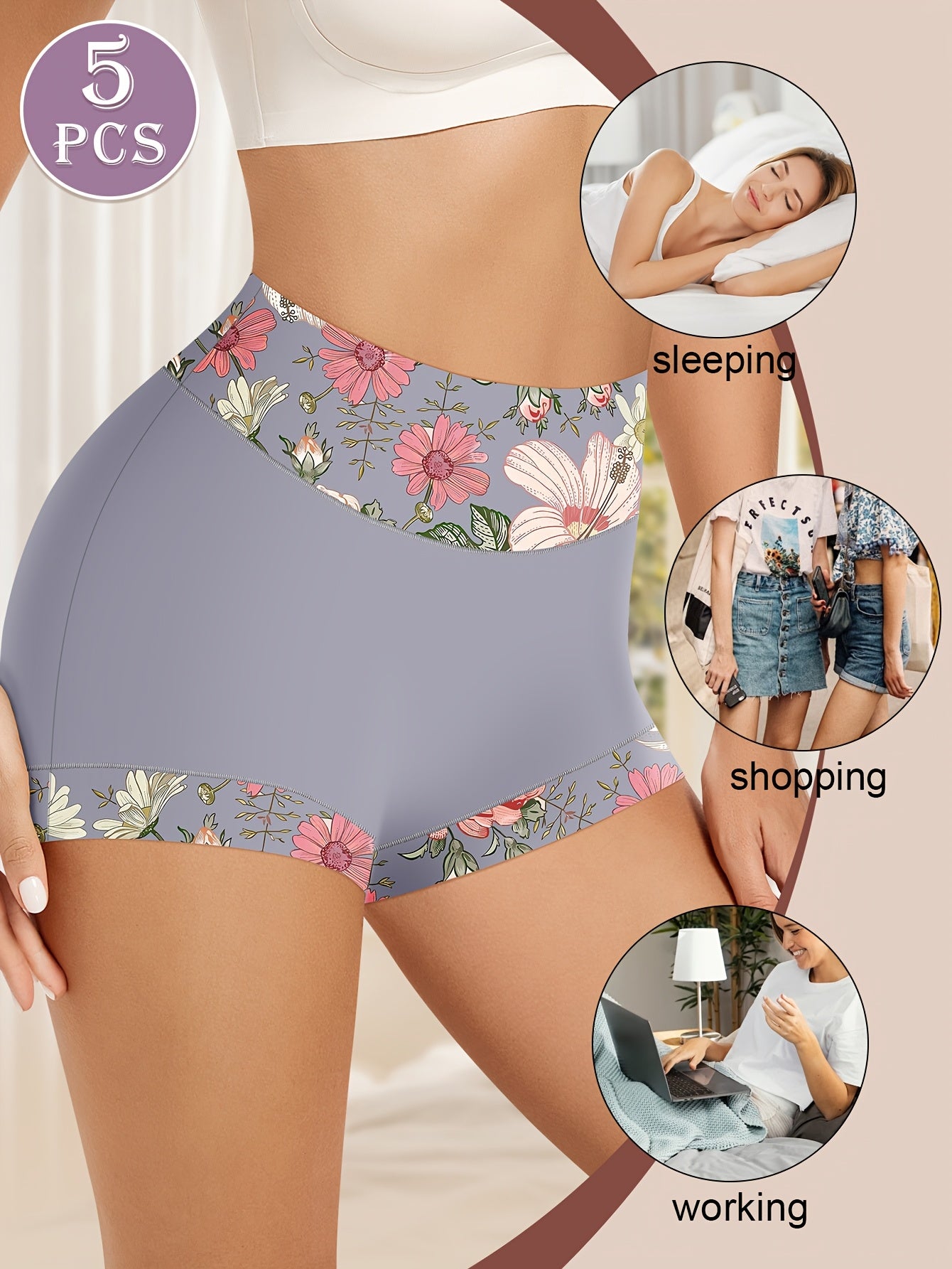 Pack de 5 braguitas florales de cintura alta para mujer, control de abdomen, levantador de glúteos, estiramiento medio