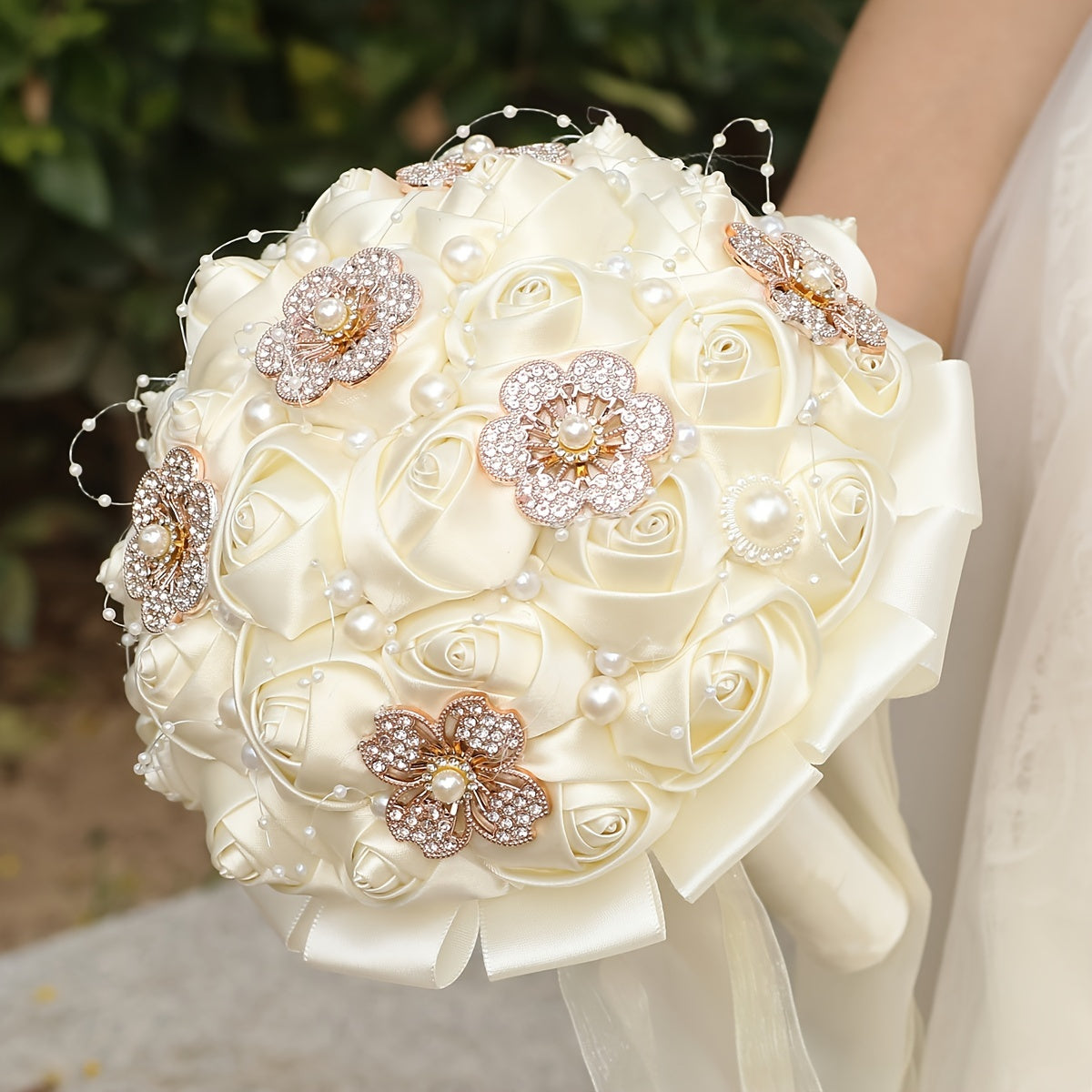 Artificial Bridal Wedding Bouquet with Rhinestone Brooch and Pearls