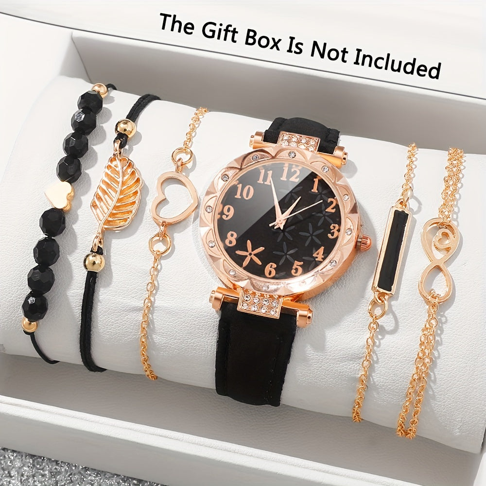 6 ta ayollar moda soatlari va bilakuzuklar to'plami, kvarts, rhinestone, sun'iy charm, gulli qobiq bilan