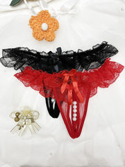 Two Pack Solid Color Lace Thongs with Double Bow and Beaded Detail