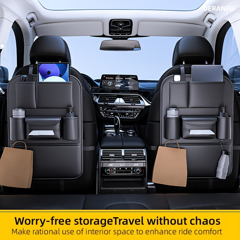 Organizador trasero para asiento de coche, bolsa de almacenamiento de cuero con soporte para tableta y portavasos
