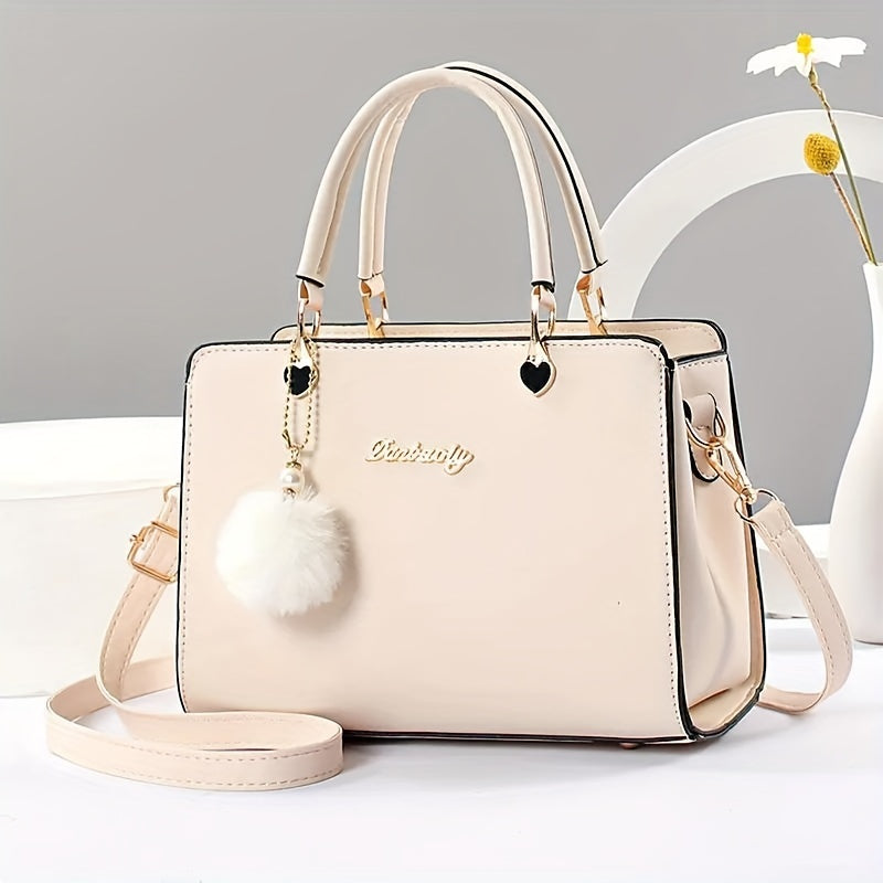 Solid Color Faux Leather Crossbody Handbag with Pompom Charms for Women