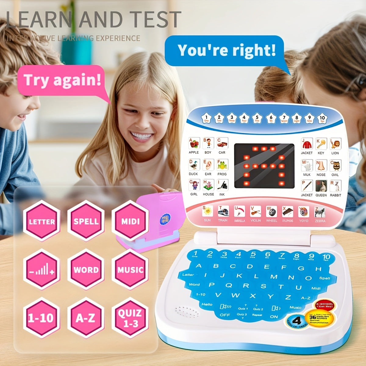 Mini Educational Laptop Toy for Kids 3+ with Letters Numbers and Music White Blue Pink