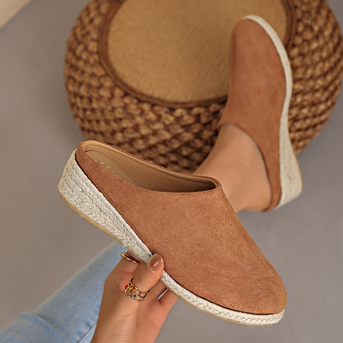 Women's Linen Slip-On Mid-Heel Sandals with Jute Sole Black Beige