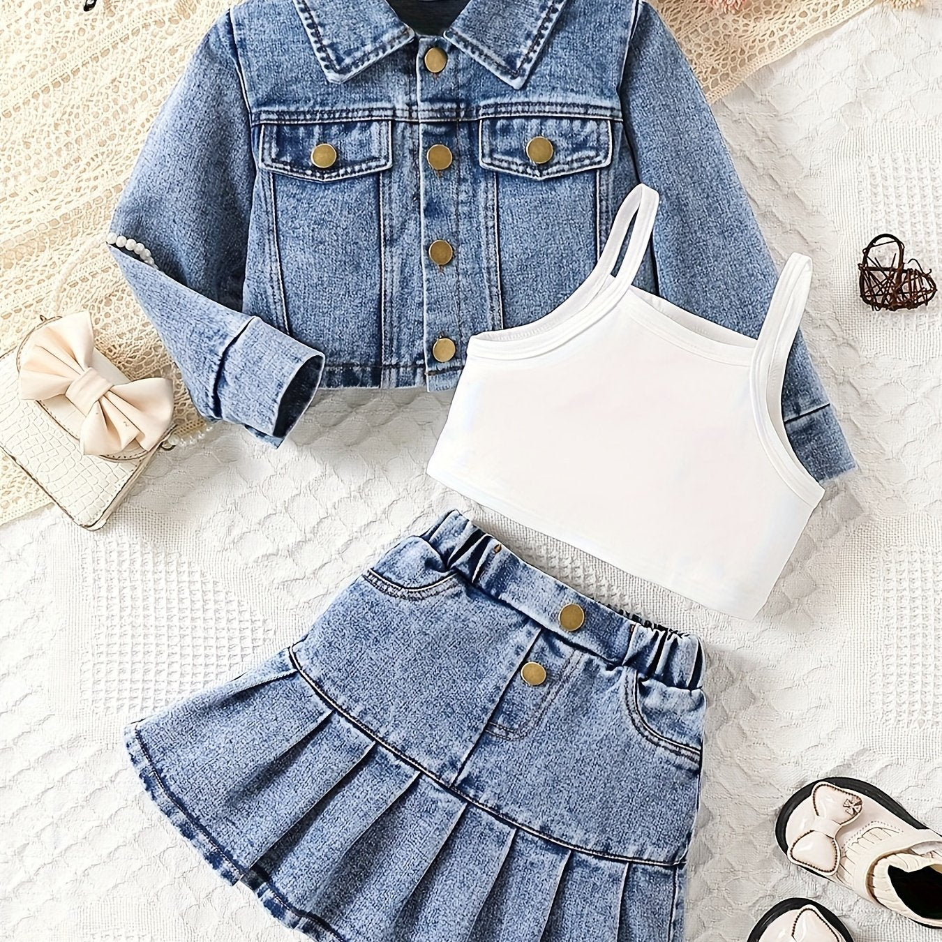 Chic Girls' 3-qismli denim to'plami, oq kamizol, ruffle tafsilotlari bilan denim jilet va pliseli yubka. Mashinada yuvish mumkin, bahor/kovak uchun ideal.