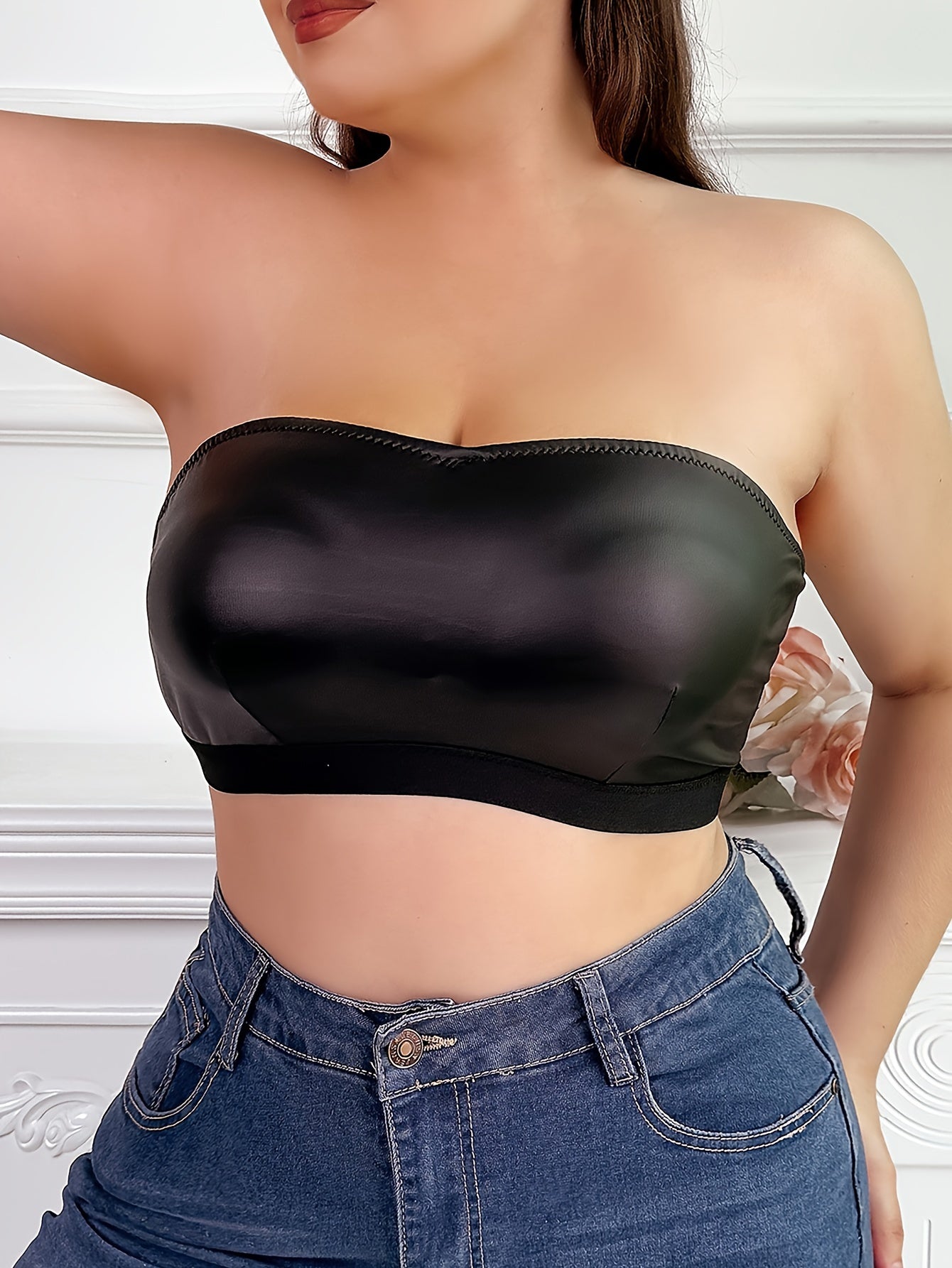 Женский бюстгальтер без бретелек, бесшовный, с блестящим фиолетовым дизайном, для полных женщин