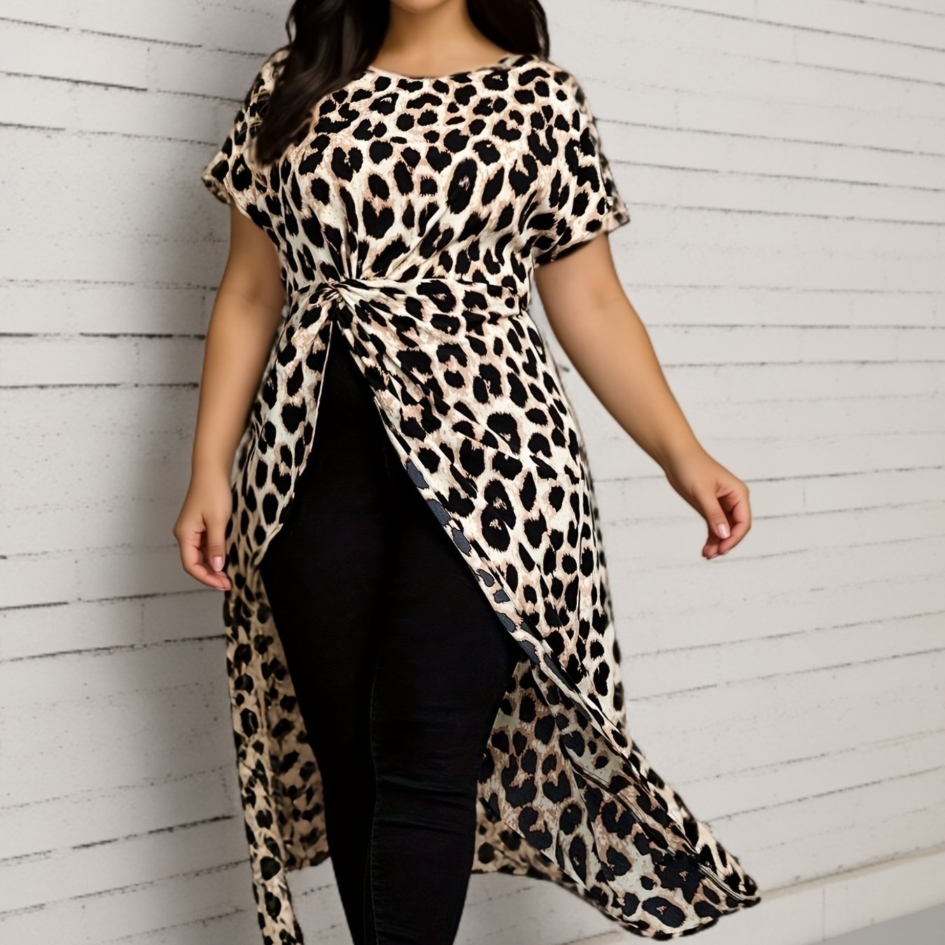 Plus Size Leopard Print Crew Neck Blouse Short Sleeve Asymmetrical Spring Summer Women