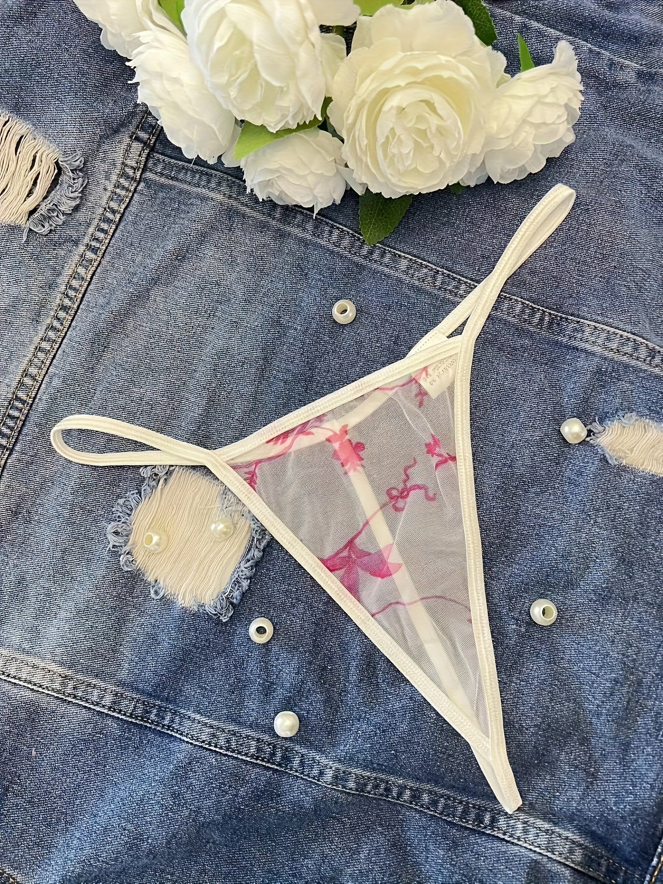 Women's Floral Print Sheer Thong Panties Breathable Polyester Elastane Mid-Rise