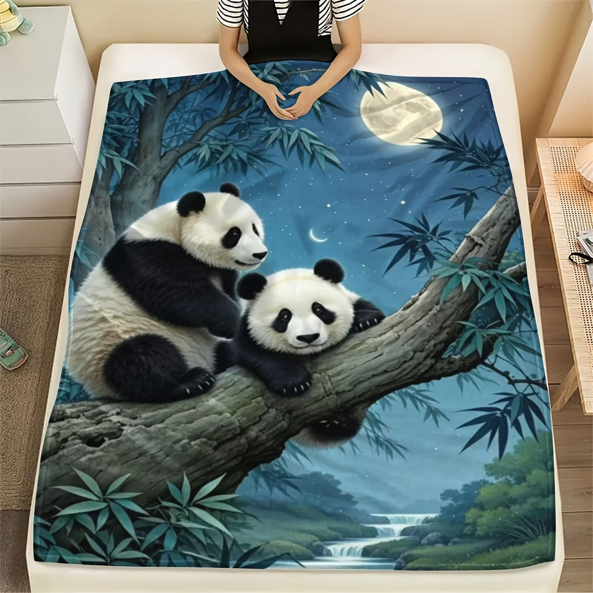 All-Season Flannel Throw Blanket with Panda Moonlight Scene Soft Cozy Polyester Gift for Bed Sofa Living Room