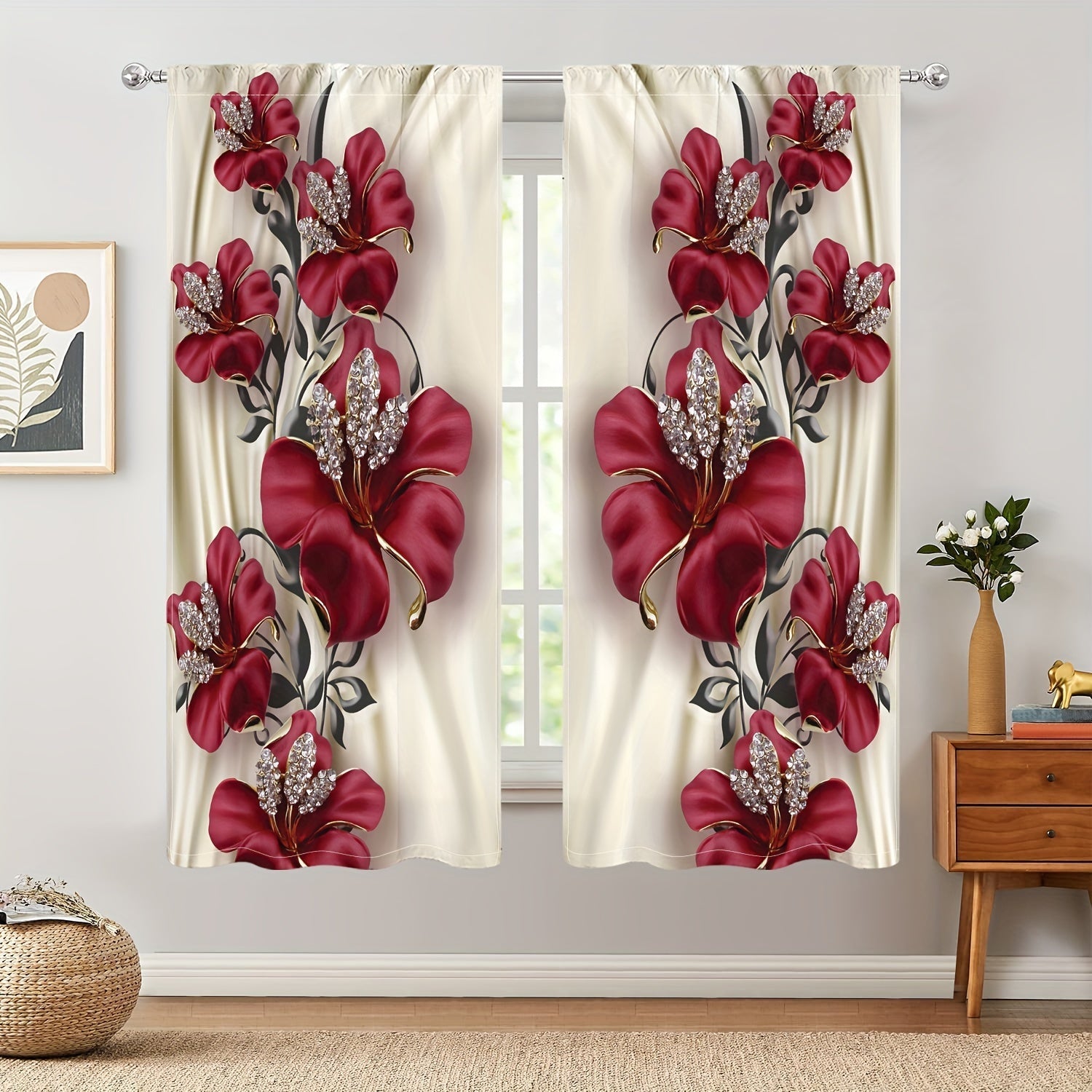 Red Rose Blackout Curtains Polyester Rod Pocket for Bedroom Living Room Office